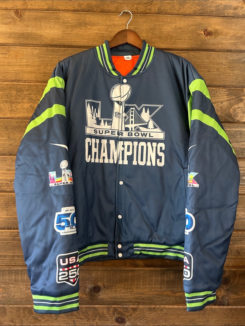 Nike Seahawks Navy and Neon Green Super Bowl Champions Bomber Jacket